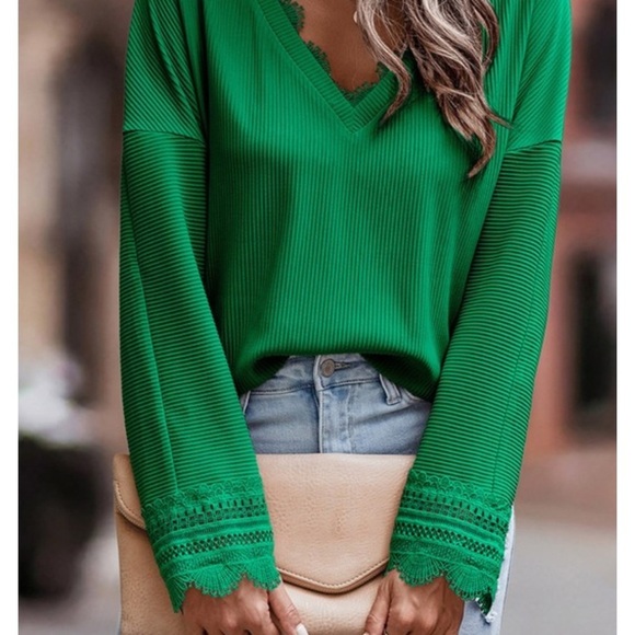 Green Ribbed Long Sleeve Top with Lace Trim | Easy Everyday Fit | NWT - Picture 3 of 8
